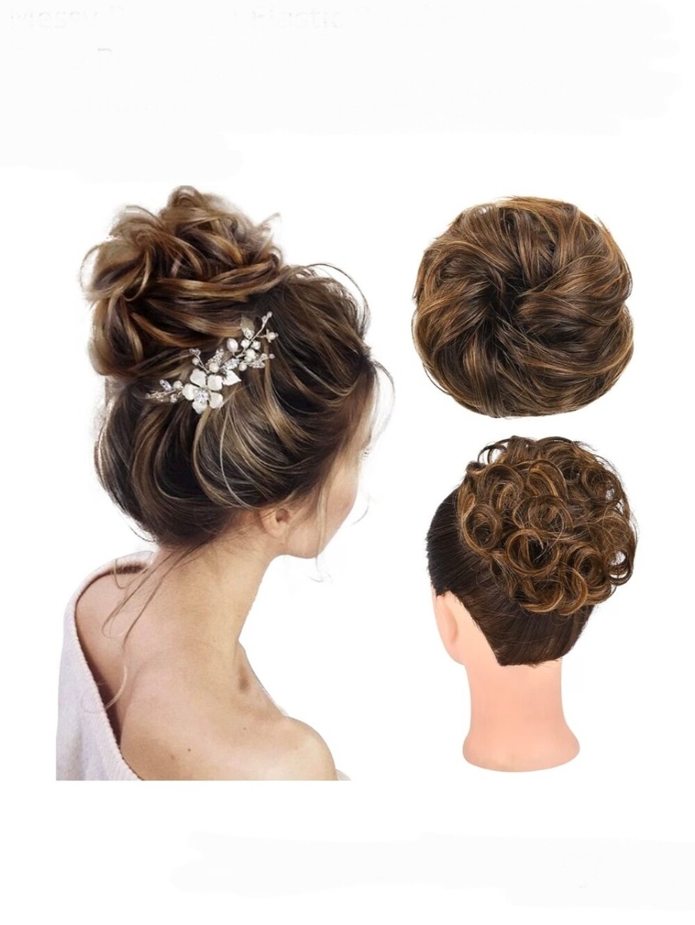 Brown w/ Golden Highlights Curly Messy Bun Hairpiece - Women Hair